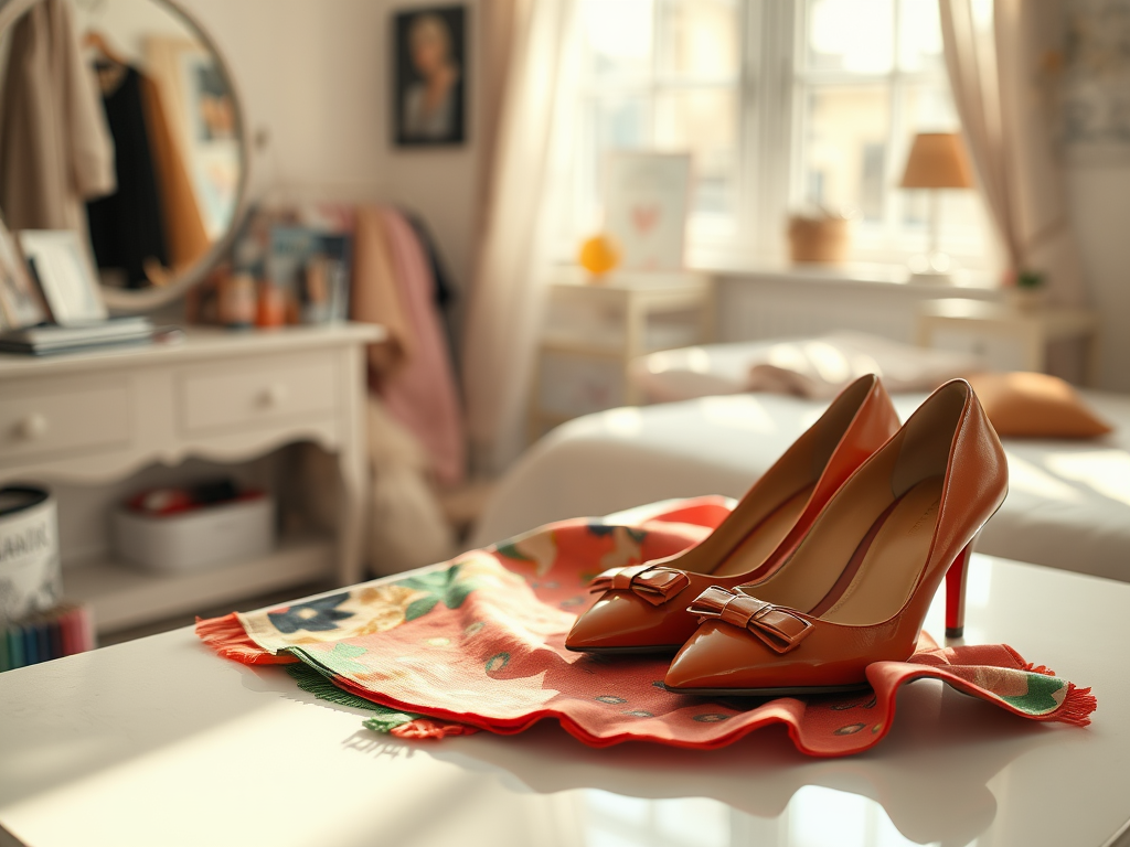 Twee elegante oranje pumps met een strikje liggen op een kleurige sjaal in een gezellige slaapkamer.