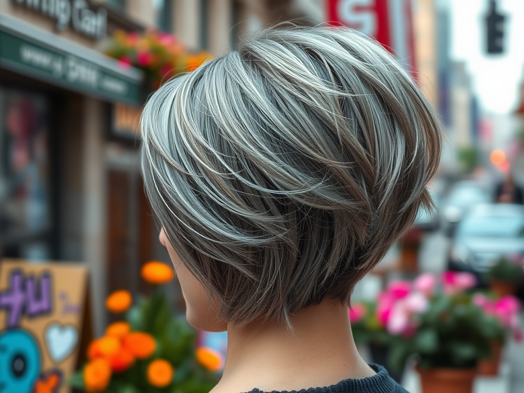 Een vrouw met een trendy, gestyled grijs kapsel, staat met haar rug naar de camera in een drukke straat.