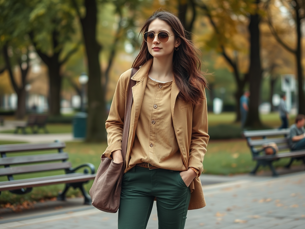 Een vrouw in een park, gekleed in een beige jas en groene broek, met een tas en zonnebril, geniet van de herfst.