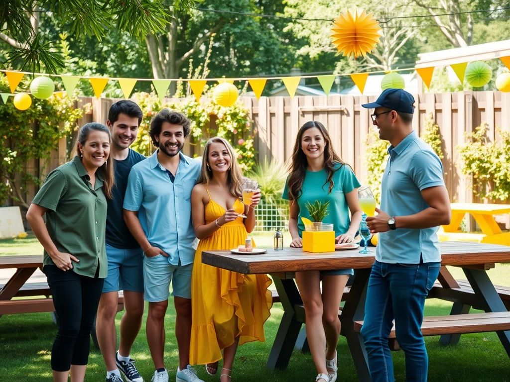 Groep vrienden geniet van een zonnige dag in de tuin met drankjes en feestdecoraties. Veel vrolijke kleuren!