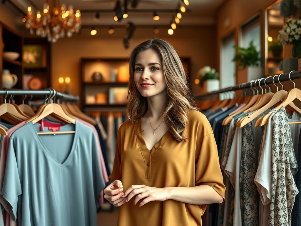 Een vrouw staat in een kledingwinkel tussen verschillende kledingstukken, glimlachend en in een gouden blouse.