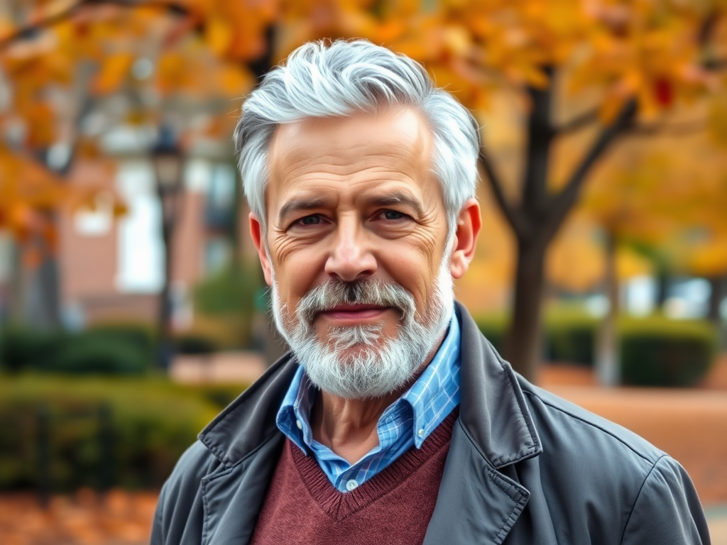 Een oudere man met grijs haar en een baard, glimlachend tussen de herfstbladeren in een park.